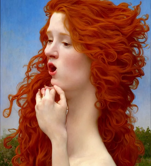 Image similar to intricate art nouveau portrait oil painting of redheaded young molly ringwald with long red hair blowing in the wind, mouth open, wearing a thin white dress, in front of a carved screen, elegant, digital painting, smooth, sharp focus, illustration, ultra realistic, 8 k, by bouguereau, alphonse mucha, artgerm, and donato giancola