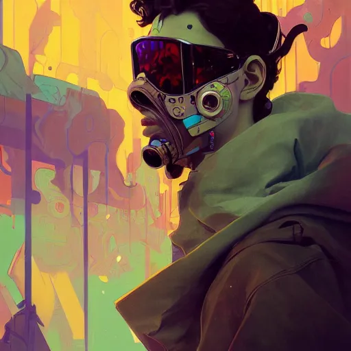 Prompt: a beautiful portrait painting of a cyberpunk cowboy by sachin teng and pascal blanche and alphonse mucha and nekro and josan gonzalez and rhads and ruan jia. in style of digital art. colorful comic, film noirs, symmetry, brush stroke, vibrating colors, hyper detailed. octane render. trending on artstation