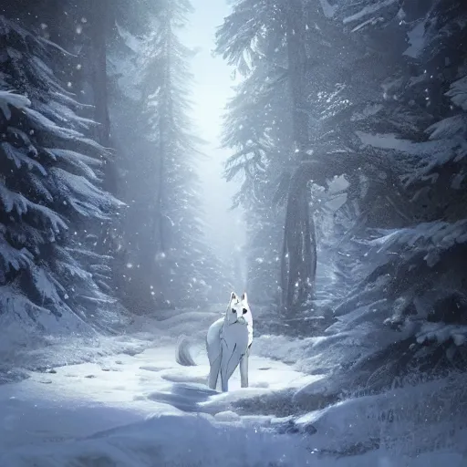 Image similar to a wholesome animation key shot of a white wolf in a snowy forest, medium shot, studio ghibli, pixar and disney animation, sharp, rendered in unreal engine 5, anime key art by greg rutkowski, bloom, dramatic lighting