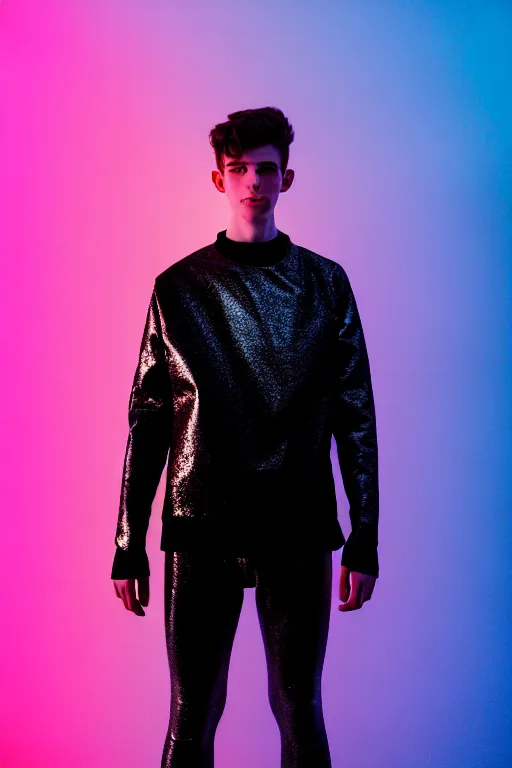 Image similar to high quality pastel coloured film mid angle selfie photograph of a beautiful young 2 0 year old male, soft features, black hair, standing in an icelandic black rock environment with reflective metallic clothing. atmospheric. three point light. photographic. art directed. ( pastel colours ). volumetric light. sheen. waves glitch. 8 k. filmic.