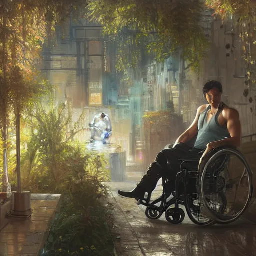 Image similar to handsome portrait of a wheelchair guy fitness posing, radiant light, caustics, war hero, smooth, one legged amputee, reflective water koi pond, ghost in the shell, futuristic accessibility prosthesis, lush garden surroundings, by gaston bussiere, bayard wu, greg rutkowski, giger, maxim verehin