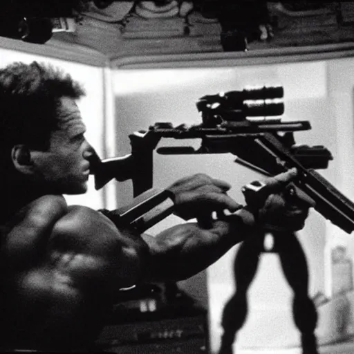 Prompt: arnold schwarzenegger shooting at aliens, contra, 1 9 8 7, movie still