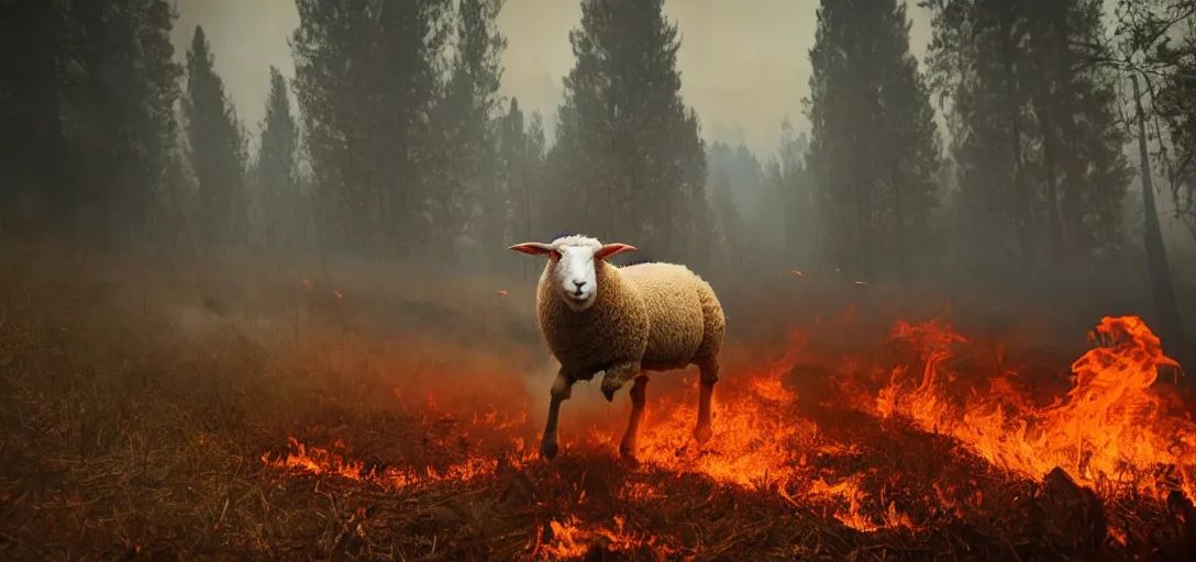 Prompt: full body portrait of sheep running from a forest fire, smoke, flames, dark, gloomy, horror, screaming, insanely detailed, photorealistic, cinematic, dramatic lighting,