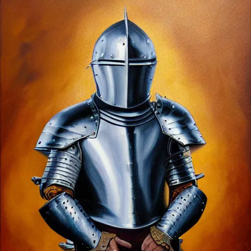 Image similar to beautiful oil portrait painting of alwyte armor, medieval armor, knight, natural light, outside