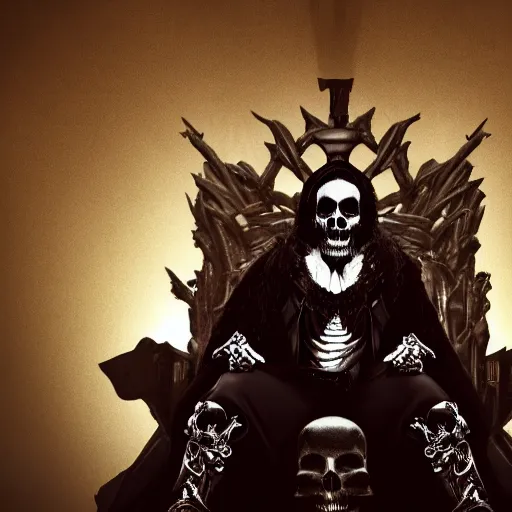 Image similar to the king of death, sitting on throne, shadows, hyperrealistic, dead bodies in the background, high resolution, 8 k, dramatic lighting, holding a skull, dramatic pose, dramatic