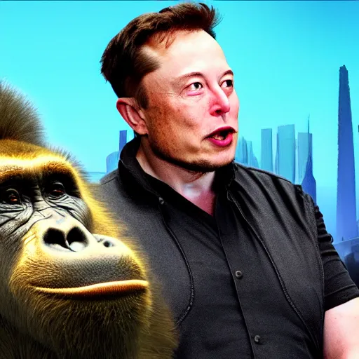 Prompt: Elon Musk angrily discusses with a silverback gorilla about the spaceship design, the spaceship in the background has the shape of a banana, real picture,