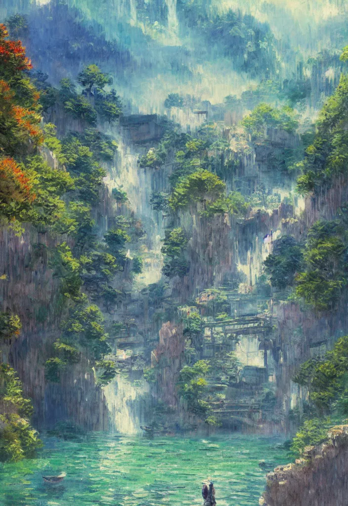 Image similar to a japanese city in the mountain surrounded by waterfall. cyberpunk, boats flying. beautiful blue sky. gorgeous epic nature, lofi, vivid colors, amazing light, by jeremy lipkin, by claude monet, heavily inspired by makoto shinkai, inspired by ghibli, masterpiece, multiple brush strokes, impressionist style