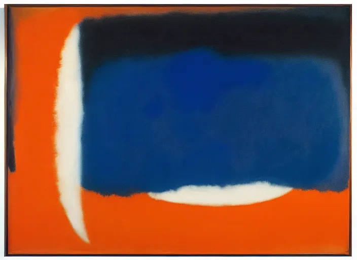 Prompt: abstract half moon in dark blue, white, orange, painted by Mark Rothko, Julian Schnabel, Helen Frankenthaler, Pat Steir and Hilma af Klint, abstract painting, color field painting. 8k, pastose, extreme detail, intricate detail, masterpiece