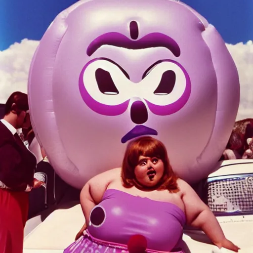 Prompt: 1976 glamorous chubby woman wearing an inflatable smiley head, wearing a dress, in a small village full of inflatable animals, 1976 French film archival footage technicolor film expired film 16mm Fellini new wave John Waters Russ Meyer movie still