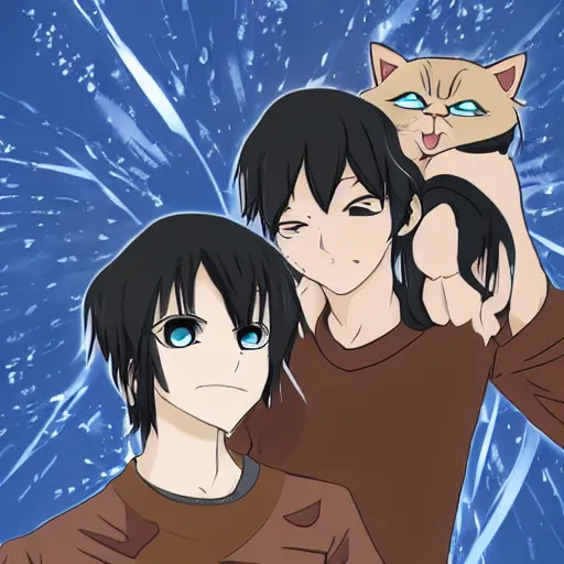 Prompt: grumpy anime boy with black hair glares at tabby cat perched on his shoulder, highly detailed, high definition, anime style
