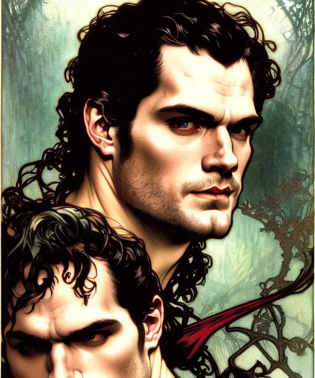 Prompt: realistic detailed head and shoulders portrait of vampire henry cavill by alphonse mucha, ayami kojima, amano, greg hildebrandt, and mark brooks, male, art nouveau, neo - gothic, gothic