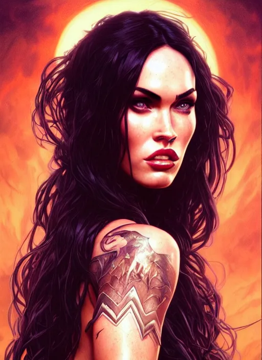 Prompt: portrait of megan fox as demon, batwings, hell, intricate, headshot, highly detailed, digital painting, artstation, concept art, sharp focus, cinematic lighting, illustration, art by artgerm and greg rutkowski, alphonse mucha, cgsociety