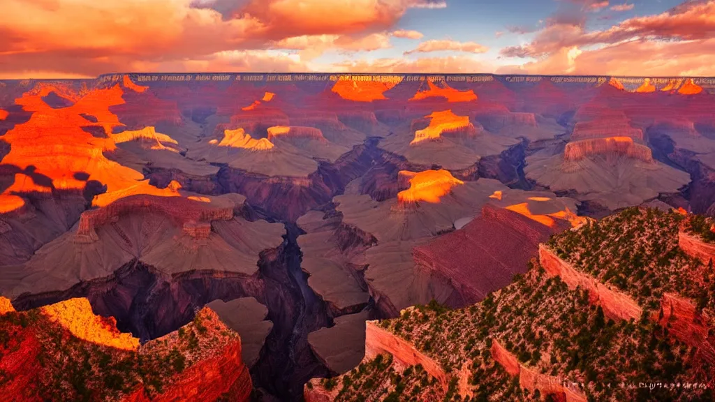 Image similar to amazing landscape photo of a grand canyon in sunset by marc adamus, beautiful dramatic lighting