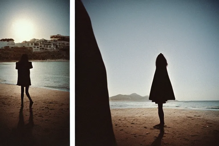 Image similar to 35mm color lomography, last photo, portrait, fashion shoot, weird, random, strange, spooky, interesting, ibiza beach at dawn