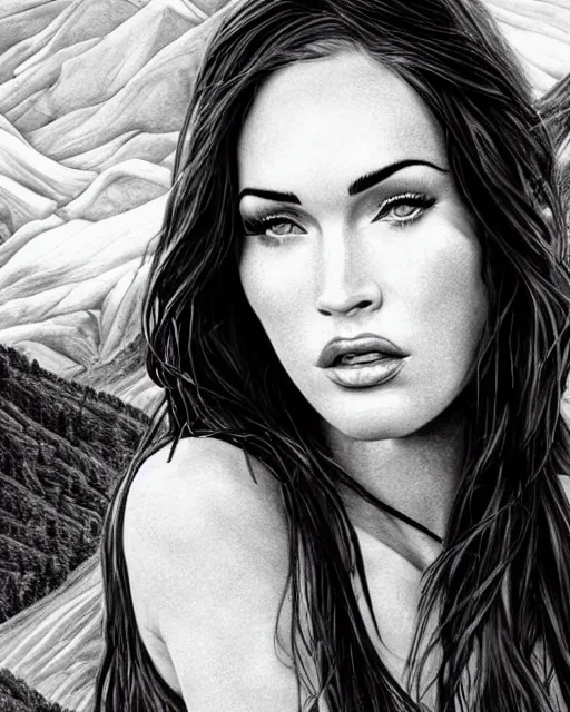 Image similar to realism sketch of megan fox face blended with beautiful mountain scenery in the style of dan mountford, double exposure, hyper realistic, amazing detail, black and white