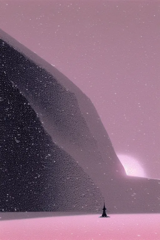 Image similar to emissary space by arthur haas and bruce pennington and john schoenherr, photo realism, cinematic matte painting, geodome building in the mountains with falling snow, monochrome color palate, pink sunset,