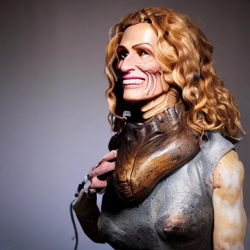 Image similar to animatronic Julia Roberts, exposed mechanics, photo, Stan Winston studios, detailed, 4k