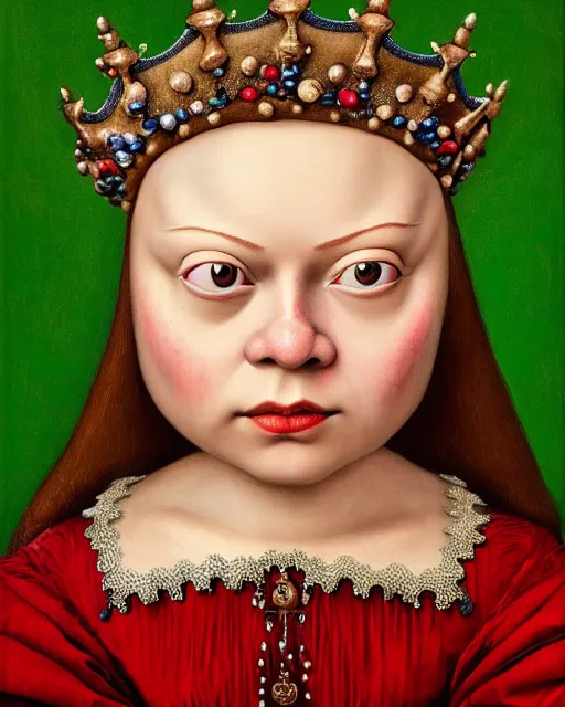 Image similar to closeup profile medieval jan van eyck face portrait of tin toy greta thunberg as a fairytale princess wearing a crown eating cakes in the castle, bikini, nicoletta ceccoli, mark ryden, lostfish, max fleischer, hyper realistic, artstation, illustration, digital paint, matte paint, vivid colors, bright, cheerful, detailed and intricate environment