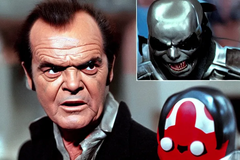 Image similar to Jack Nicholson in costume of Pikachu Terminator scene where his endoskeleton gets exposed and his eye glow red still from the film