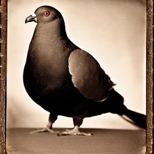 Prompt: Tintype photograph of chonky pigeon as an overweifght subject. 1990s studio lighting.