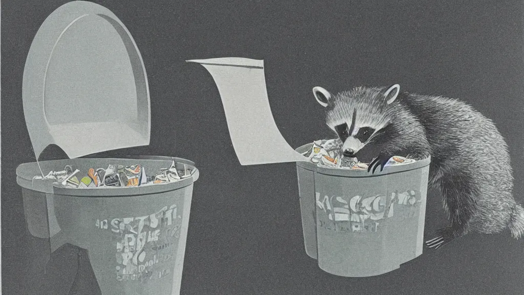 Image similar to A vintage scientific illustration from the 1970s of a raccoons digging through a trash can René Magritte