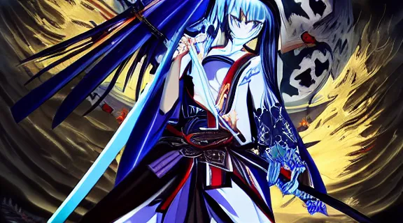 Image similar to Albedo Overlord in samurai pose holding katana | Somber moon | wet Dungeon Chamber | Big Moon at Night | strong blue rimlit | visual-key | anime illustration | highly detailed