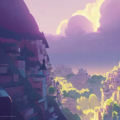 Prompt: a mountain city with lot's of clouds, detailed, cory loftis, james gilleard, atey ghailan, makoto shinkai, goro fujita, studio ghibli, rim light, exquisite lighting, clear focus, very coherent, plain background