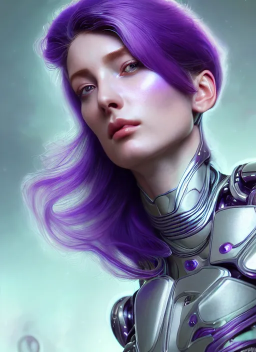 Image similar to a photorealistic detailed image of a beautiful stoic pale woman in sci - fi bionic armor with purple hair, detailed, intricate, elegant, highly detailed, digital painting, artstation, concept art, smooth, sharp focus, illustration, art by hana yata, artem demura, alphonse mucha, octane render, unreal engine, 8 k