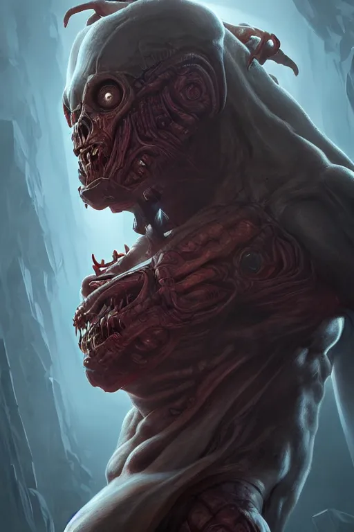 Image similar to beautiful cinematic horror poster, hybrid from doom and art direction by darius zawadzki ; by artgerm ; wayne reynolds art station ; cinematic quality character render ; low angle ; ultra high quality model ; production quality cinema model ;