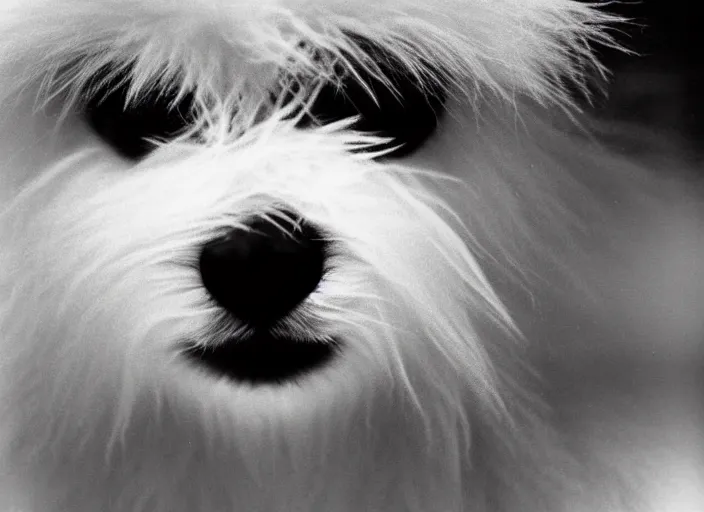 Prompt: realistic photo of a face of very beautiful girl white fluffy hairy fur face, symmetrical, skin is made of white fluffy hairs, eyes made of snowflakes, close up 1 9 9 0, life magazine reportage photo, natural colors