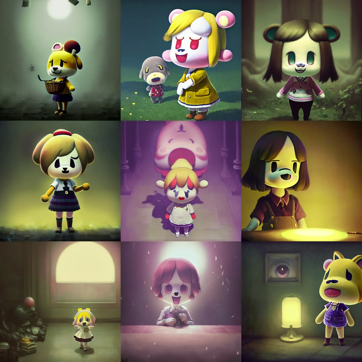 Prompt: isabelle animal crossing, creepy, smiling, low light, surreal, phantasmagoric, by tom bagshaw and ilya kuvshinov, rtx rendering, octane render 1 2 8 k, maya, extreme high intricate details by wlop, digital anime art by ross tran, medium shot, composition by sana takeda, dramatic lighting by greg rutkowski