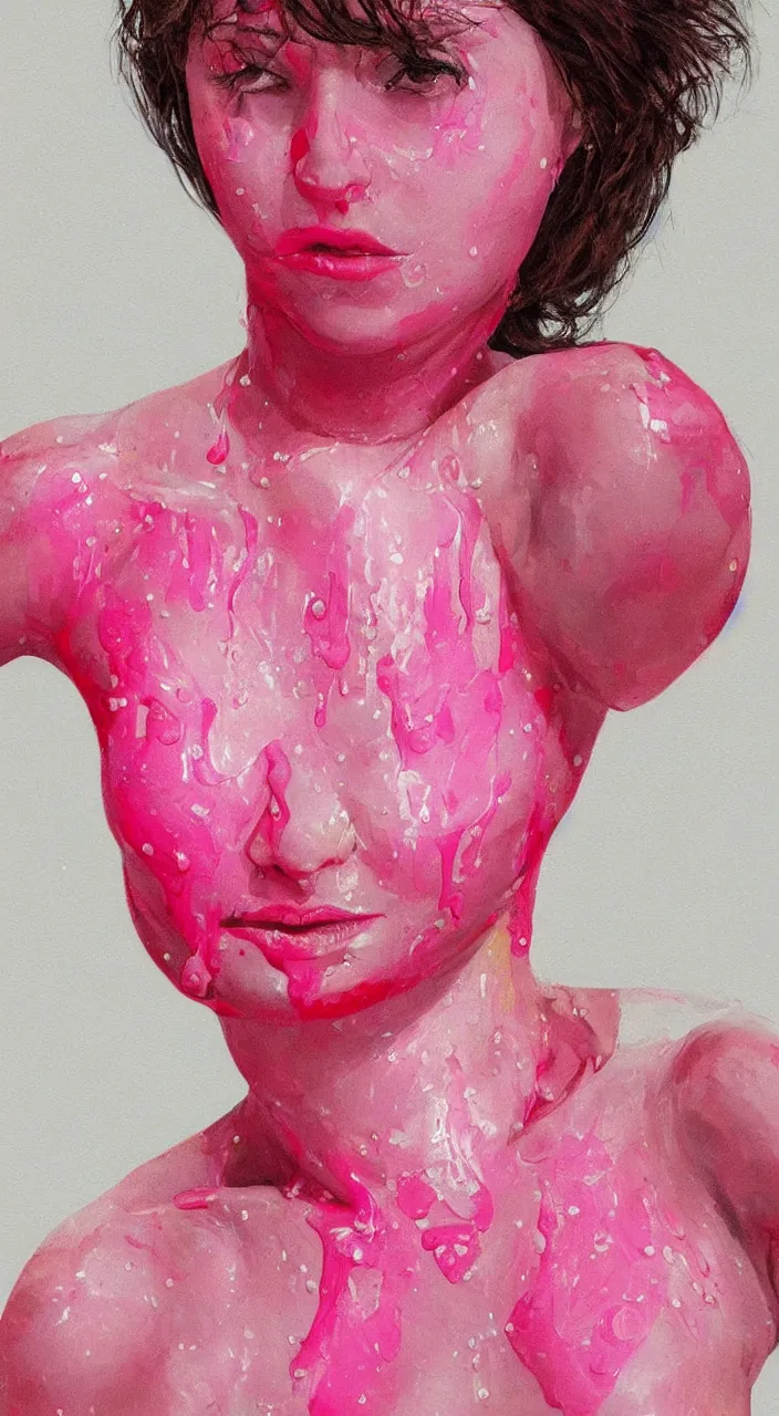 Image similar to dripping pink paint on the figure of a human woman, realistic, with high detail, on a white background,