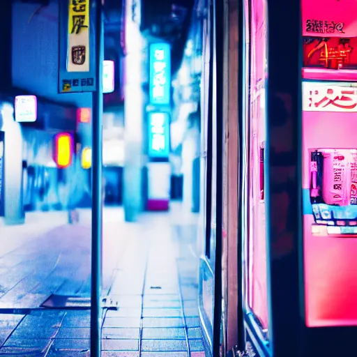 Prompt: Analog photo in Tokyo, pink vending machines in the background, cyan blue and bright yellow neon signs, at night, rain, ambient lights, depth of field, high contrast