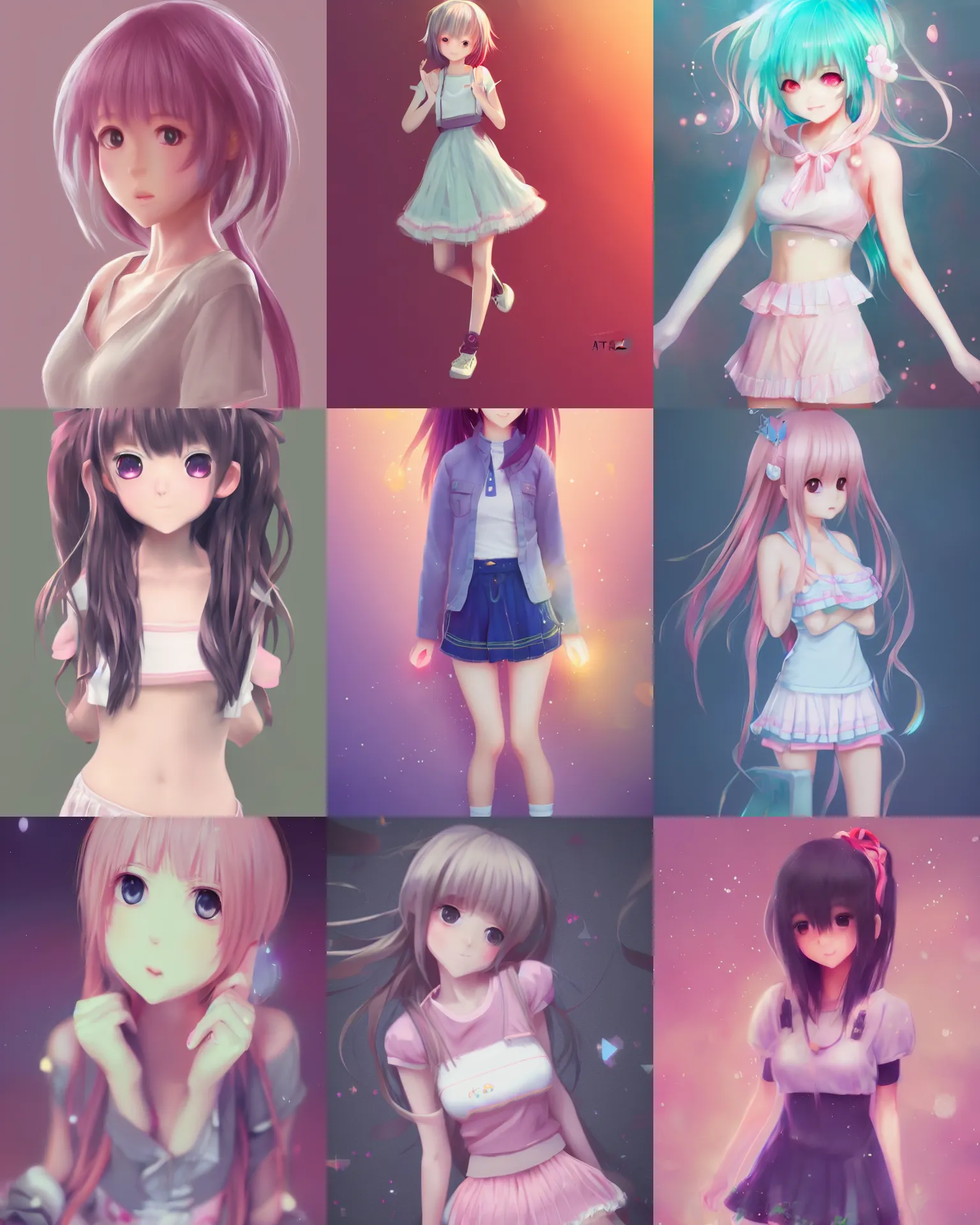 Prompt: full body cinematic portrait shot of a very beautiful kawaii anime girl in very cute realistic WLOP digital art style, trending on Artstation, made by Tran Ross, , feminine in cute pastel shades, trending on pixiv, Unreal Engine, cool 3d visualisation, 4k, with beautiful volumetric light
