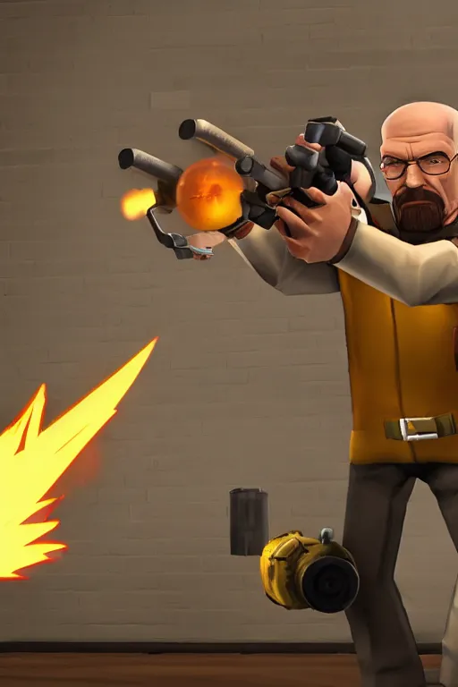 Prompt: Walter White in Team Fortress 2 firing a minigun, in the style of TF2, Gameplay