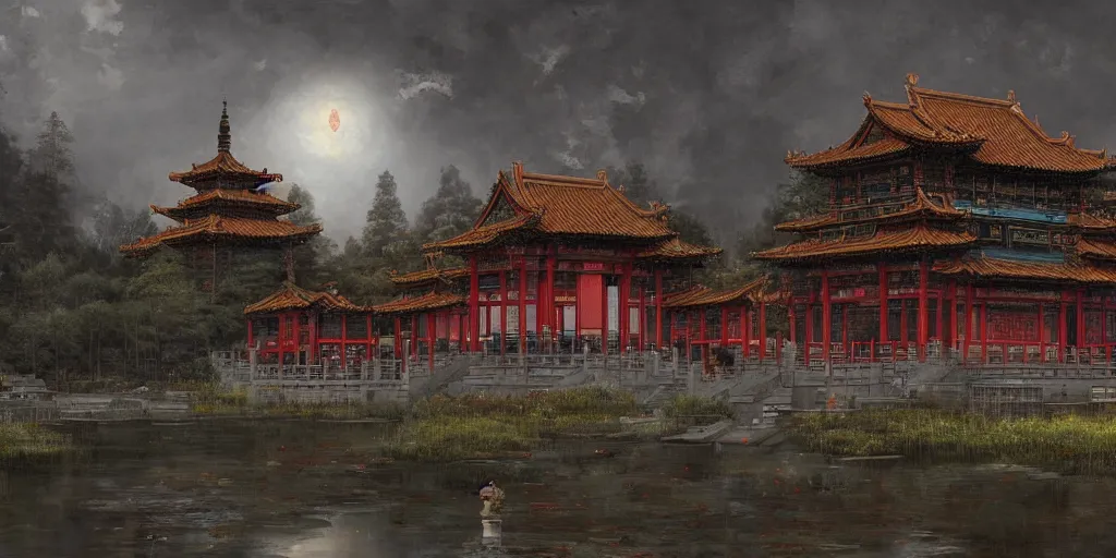 Prompt: a cyberpunk style chinese temple, by ivan shishkin, by james gurney, detailed, atmospheric, 8 k