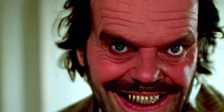 Image similar to photorealistic close up cinematography of the character jack torrance played by jack nicholson from stanley kubrick's 1 9 8 0 film the shining sitting at the overlook hotel's gold ballroom bar laughing right at the camera shot on 3 5 mm 5 2 4 7 film by the shining cinematographer john alcott on a 6 5 mm cooke panchro macro lens.