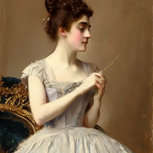 Image similar to young victorian lady in ball gown putting on her dress glove, painted by alfred stevens