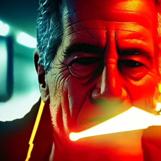 Image similar to jeffrey epstein in wolfenstein, splash art, movie still, cinematic lighting, glowing, neon light, ray tracing, octane render, long lens, shallow depth of field, bokeh, anamorphic lens flare, 8 k, hyper detailed, 3 5 mm film grain