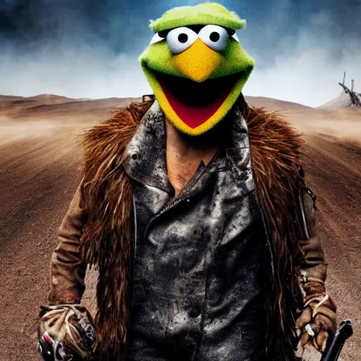 Prompt: Gonzo from the Muppets as a villain in a Mad Max movie, promotional photography, 4K