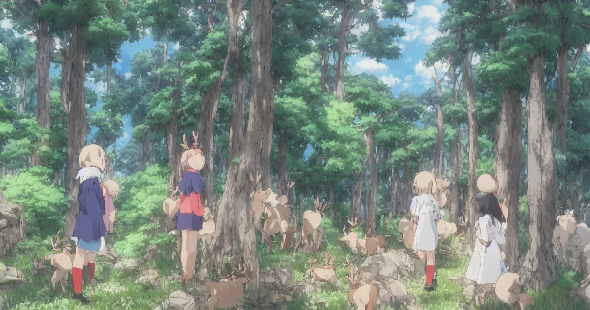 Prompt: anime girl peeking behind a bush while looking at a pack of reindeers, beautiful ambiance, studio ghibli style, by hayao miyazaki, sharp focus, very detailed, 4k