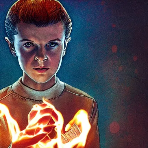 Prompt: Concept art, Eleven from 'Stranger Things' Season 3 (2019) conjuring a magical fireball in her hand