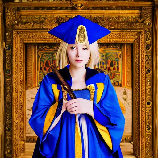 Image similar to a portrait of saber, an anime character of european girl with a crown and blue and gold robes. her pose is strong and confident as she looks towards the camera. the background is of a grand hall with several windows and tapestries. 8 k photography, high resolution, cinestill 8 0 0 t