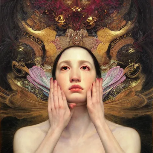Image similar to face of the void blessing the lotus flower | highly detailed oil painting, hyperrealistic, very intrincate | cinematic lighting, award - winning | by roberto ferri, gustav klimt, william waterhouse and tom bagshaw | by austin osman spare and william blake, trending on artstation, cgsociety, official art, octane.