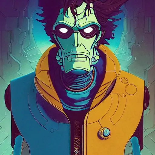 Image similar to 1 0 7 7 autobot rick sanchez bender futurama portrait by charles vess and james jean and erik jones and rhads, inspired by ghost in the shell, beautiful fine face features, intricate high details, sharp, ultradetailed