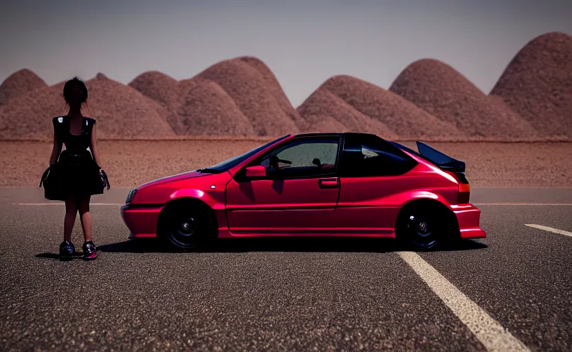 Prompt: photograph of a cell-shaded Honda EK9 Type-R car meet with anime girls, on a desert road with a futuristic city in the horizon, one point perspective, 1-point perspective, tilt shift, sigma 85mm f/1.4, 4k, depth of field, high resolution, 4k, 8k, hd, full color