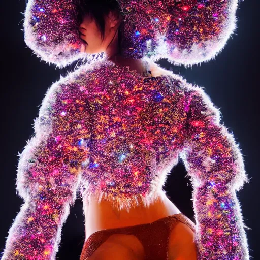 Image similar to love, diverse fluffy cybersuits, from behind, connection rituals, wide wide angle, vivid, elaborate, highly detailed, beautiful lighting