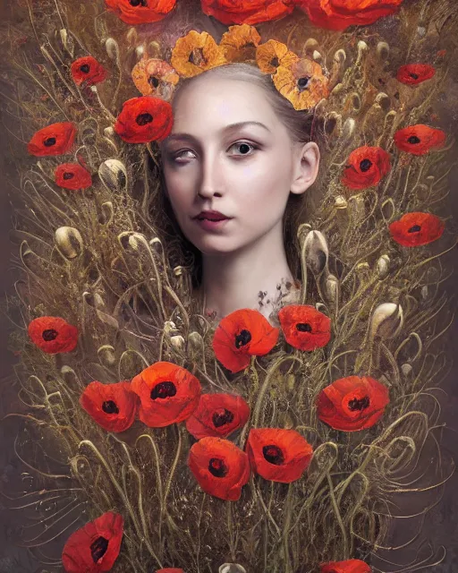 Prompt: unique non-conventional beautiful goddess of poppy, poppy flowers, dried poppy heads, surreal, fantasy, intricate, elegant, dramatic lighting, emotionally evoking symbolic metaphor, highly detailed, ornate, lifelike, photorealistic, painterly, digital painting, painterly, artstation, concept art, smooth, sharp focus, illustration, art by John Collier and Krenz Cushart and Artem Demura and Alphonse Mucha and Albert Aublet,