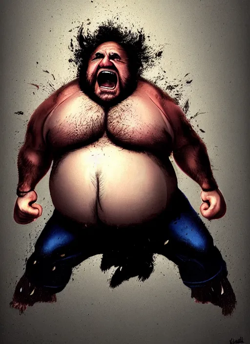 Prompt: Portrait of Fat Danny Devito with his belly sticking out as The Wolverine (2013), Hes screaming at the rain in the middle of the night road on his knees. He has Wolverine Claws on both hands, He has pants, realistic, detailed, 4k by Greg Rutkowski Mark Arian trending on artstation