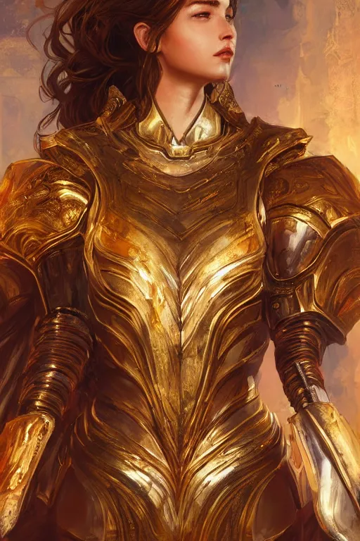 Image similar to portrait knights of Zodiac girl, golden and copper reflected armor, in ruined Agora of Athens, ssci-fi, fantasy, intricate, very very beautiful, elegant, highly detailed, digital painting, artstation, concept art, smooth, sharp focus, illustration, art by WLOP and tian zi and alphonse mucha